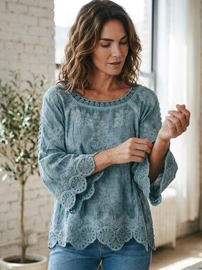 Democracy NEW - Sz M - Dusty Blue Lace-Trim Peasant Blouse